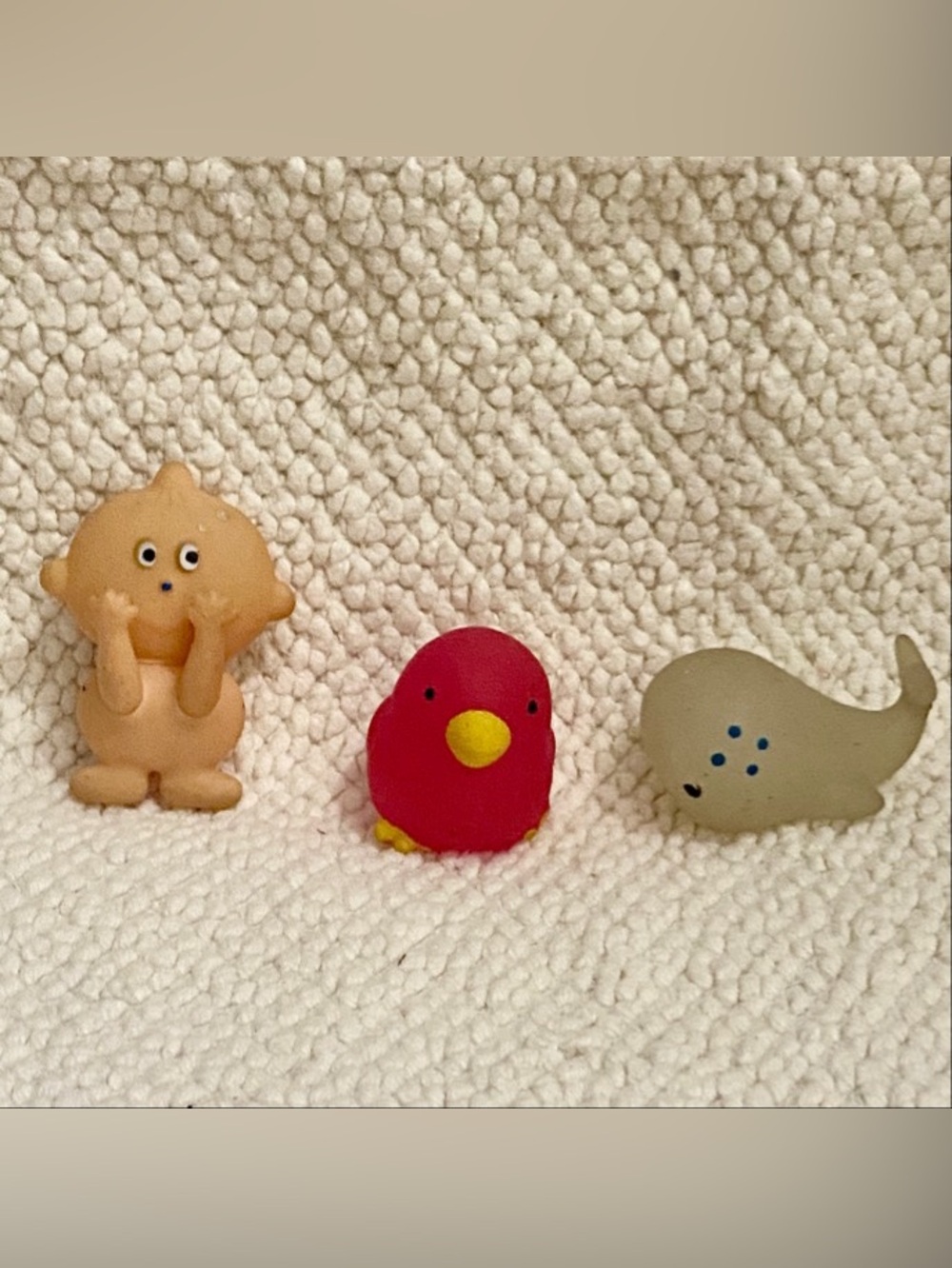 Vintage,  Rubber Peekaboo Baby and 2 Silicon Bird and Dolphin Figures